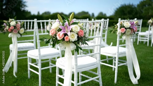 Stunning outdoor wedding ceremony setup featuring elegant chairs, beautiful floral arrangements, and captivating decor, perfect for an unforgettable