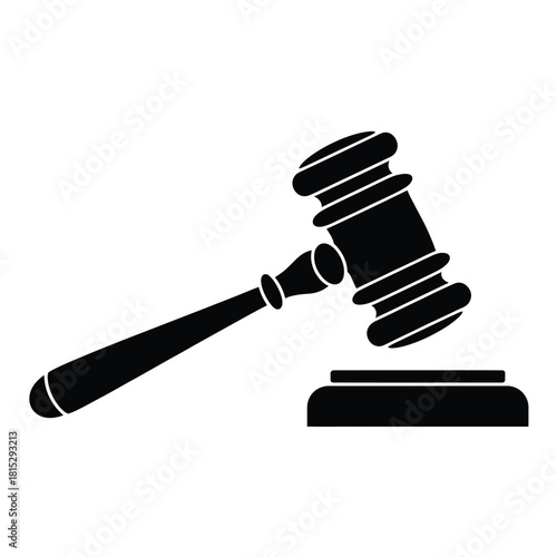 Black silhouette of a gavel and sounding block on white background