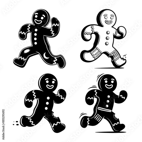 Set of four running gingerbread men silhouettes Christmas vector icons on white background