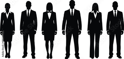 Professional business team silhouettes standing together in formal corporate attire representing teamwork leadership diversity and modern office workforce concept