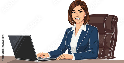 Professional businesswoman working confidently on laptop at office desk, smiling female manager illustration in modern corporate workspace environment
