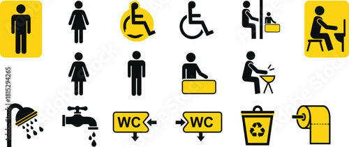 Restroom and facility icon collection for public spaces, including toilet symbols, accessibility signs, hygiene icons, shower, recycling, WC directions