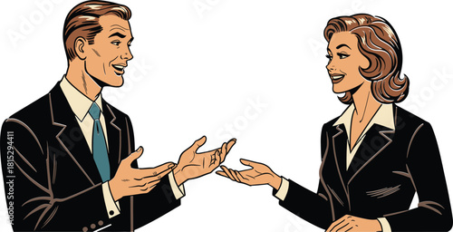 Retro business professionals talking, vintage comic style illustration of man and woman communicating, office discussion, corporate conversation, classic workplace artwork