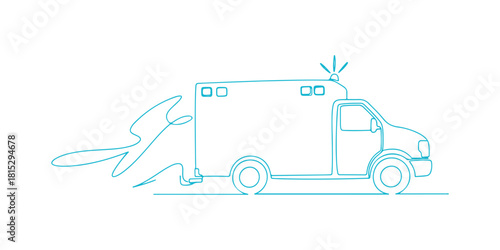A simple line drawing of an ambulance designed to rescue critical patients. It's a dynamic one-line graphic illustration on a white background.

