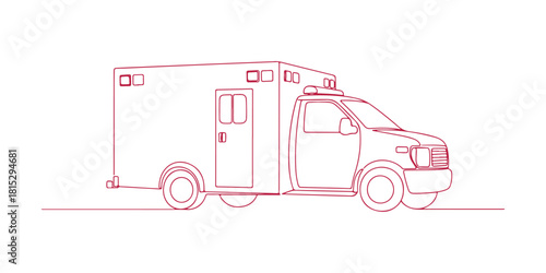 A straightforward line sketch of a hospital ambulance aimed at saving critical patients. This dynamic one-line graphic design is illustrated on a white backdrop.

