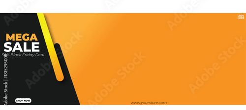 Mega Sale announcement with black and orange background and promotional text.