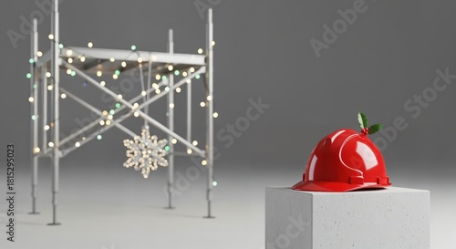 Industrial Holiday Season Theme with Red Hard Hat Adorned with Holly Berries on Concrete Block and Scaffolding Decorated with Festive Lights and Snowflake