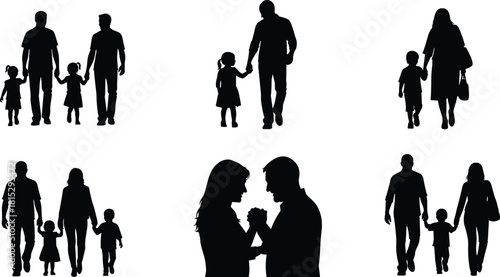 Silhouette collection of family couples parents children walking and bonding together, black vector figures representing love unity relationships on white background