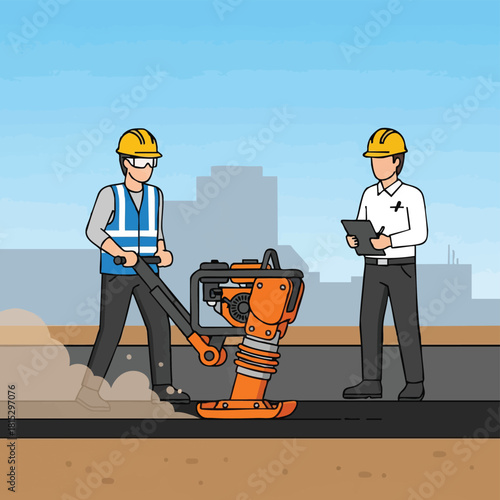 A construction worker diligently operates a powerful plate compactor, compacting ground while a supervisor oversees the important work on a sunny day.