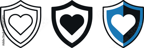 Shield Heart Icons Set Line Solid Color love , shield, heart, icon, set, love, protection, security, symbol, outline