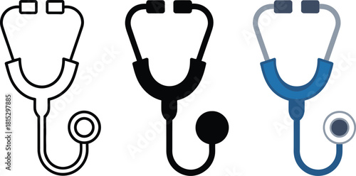 Stethoscope Icons in Outline Silhouette and Color Variations Keywords: stethoscope, medical, healthcare, doctor, nurse, equipment, cardiology