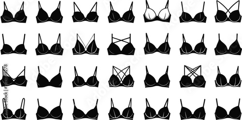 Lingerie bra collection illustration, various bra designs vector set, women’s underwear icons, fashion lingerie silhouettes, intimate apparel graphic pack