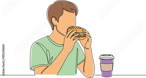 Man Eating Hamburger and Drinking Coffee Continuous One Line Drawing Fast Food Lunch Break Meal Restaurant Diner Unhealthy Diet Vector.