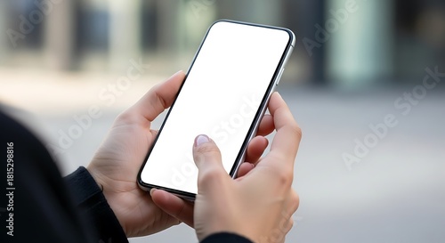 Woman hand holding using touch mobile phone white screen mockup Back view