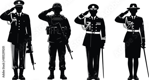 Military personnel silhouettes, soldiers saluting illustration, armed forces vector art, uniformed service members graphic, army salute pose collection design