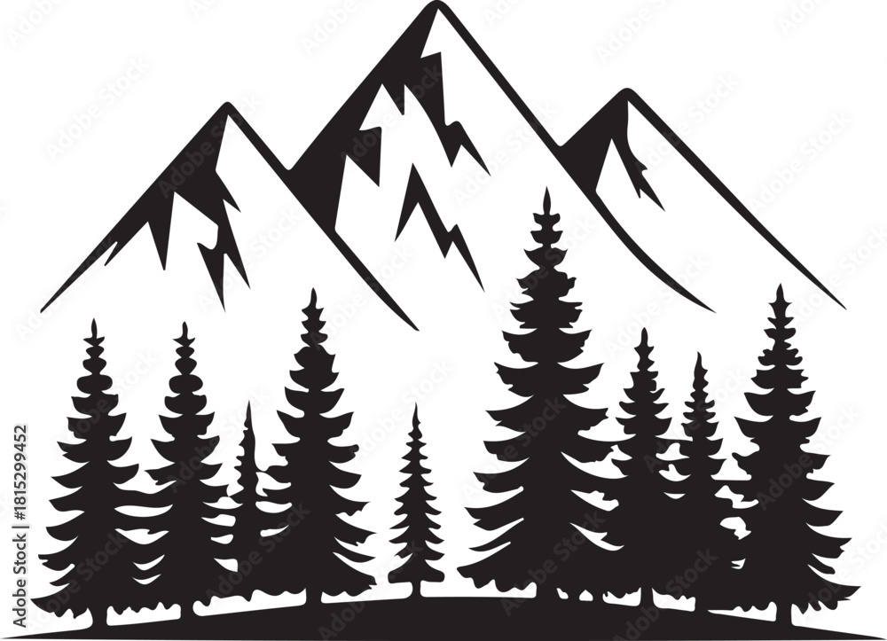 Obraz premium Minimal black silhouette of mountains and pine trees with clean geometric shapes, no gradients, simple modern vector design on a pure white background