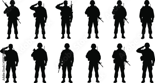 Military soldier silhouettes standing in formation with rifles, saluting, and holding weapons, isolated black army figures on white background