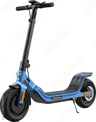 Modern electric scooter illustration with blue frame, detailed wheels, ergonomic design, eco-friendly transportation concept for mobility, commuting, and urban travel