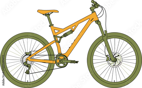 Modern mountain bike illustration, detailed bicycle design, outdoor cycling equipment graphic, adventure sports concept, isolated MTB drawing for stock use