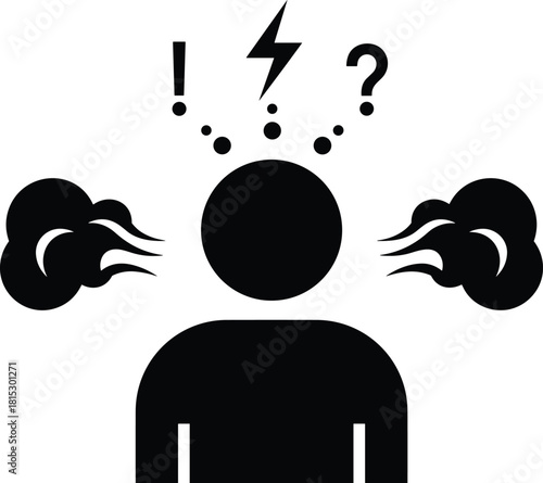 Frustrated person icon with steam, stress symbols, exclamation and question marks showing anger, confusion, emotional pressure, mental tension illustration