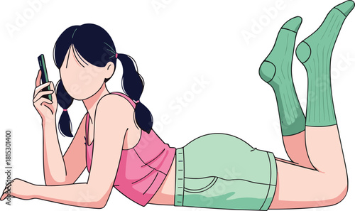 girl lying down using smartphone, relaxing indoors illustration, casual home outfit art, digital lifestyle, cute minimal cartoon style drawing