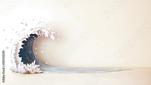 Fototapeta Naklejka Na Ścianę i Meble -  A sculpted paper wave with intricate white foam details and a deep blue interior, appearing to crash onto a light-colored surface.