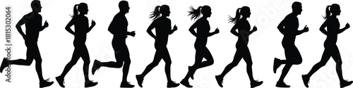 Group of running silhouettes in motion, athletic men and women jogging together, fitness activity illustration for sports, health, exercise design