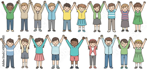 Happy diverse children standing together holding hands in unity, friendship, teamwork and celebration, smiling kids illustration for education and community themes