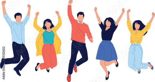 Happy diverse group of people jumping together, joyful friends celebrating success, energetic teamwork illustration showing unity, excitement and positive lifestyle concept