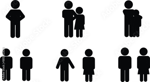 Human Relationship Stick Figure Pictogram Set Family Gender Couple Pregnancy Single Person Population Demographics Black Silhouette Vector Icons.