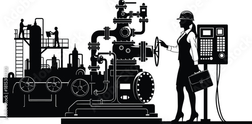 Industrial engineer woman operating heavy machinery, factory control panel, engineering technology, industrial plant equipment, mechanical system workflow, professional industry scene