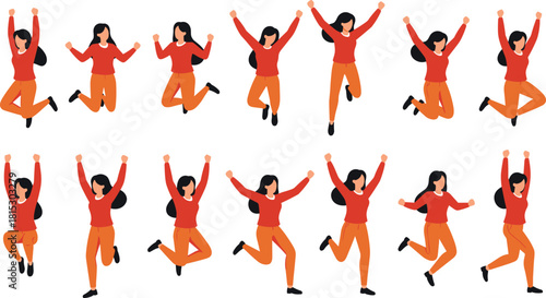 Joyful women jumping in various energetic poses, vibrant celebration illustration showing happy female characters expressing excitement, freedom, positivity and enthusiasm