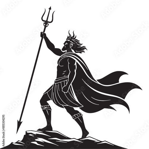 Black greek mythic sea god poseidon Silhouette Vector, High Quality Illustration on White Background