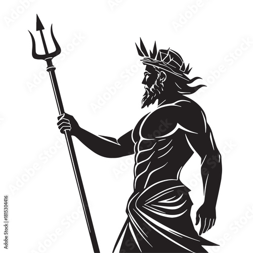 Black greek mythic sea god poseidon Silhouette Vector, High Quality Illustration on White Background