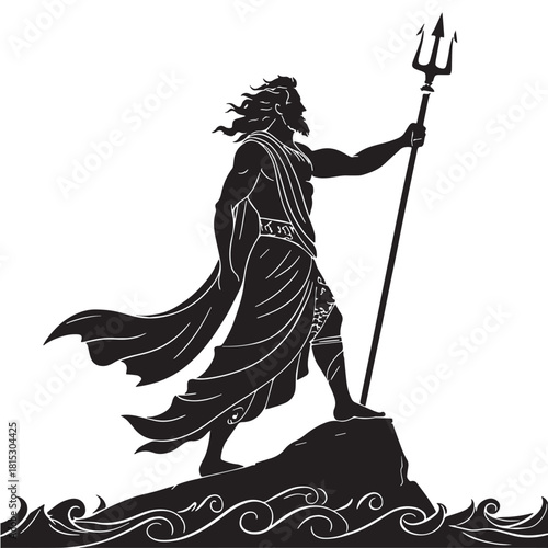 Black greek mythic sea god poseidon Silhouette Vector, High Quality Illustration on White Background