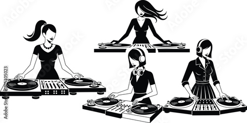 Female DJ silhouettes performing with turntables and mixers, stylish women disc jockeys mixing music, club performance illustration for nightlife concepts