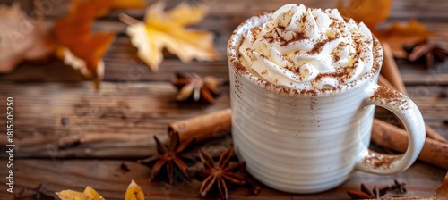 Cozy autumn vibes  pumpkin spice latte on caf   table surrounded by colorful leaves