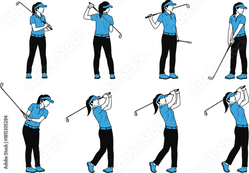 Female golfer performing various swing positions and stance poses, professional sports training illustration set, athletic woman practicing golf techniques