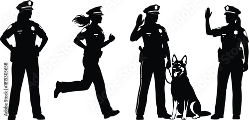 Female police officer silhouettes performing patrol, salute, running and K9 handling actions for law enforcement design, security illustrations and public safety projects