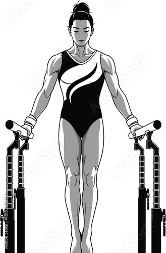 Female gymnast illustration on parallel bars, artistic gymnastics athlete artwork, strength and balance vector design, professional sports performance pose