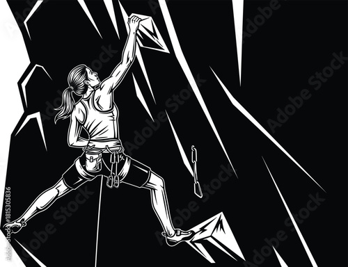 Female rock climber illustration on steep cliff wall, extreme sports artwork, outdoor adventure graphic, athletic woman climbing vector design