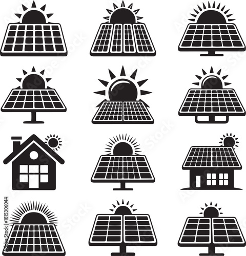 Solar panel and sun icons set