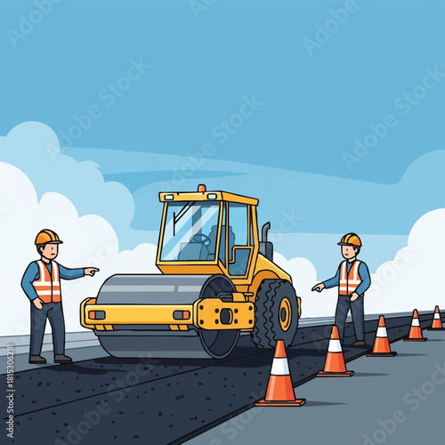 Dedicated construction crew members expertly supervise a large road roller compacting new asphalt, ensuring the development of a durable, smooth pathway.