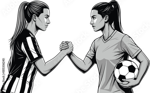 Female soccer players illustration, sportsmanship handshake moment, competitive football athletes, teamwork concept artwork, strong women in sports vector design