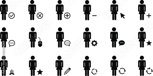 Female user interface icons set showing various actions, communication symbols, settings, cursor selection, update arrows, favorites, and editing tools, minimal design.