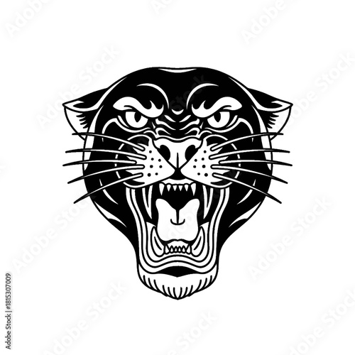 Meticulously Detailed American Traditional Roaring Panther Head Tattoo Stencil, Isolated Black Linework