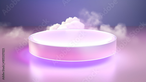 Glowing pink and purple podium with ethereal clouds. Empty modern stage for product display or presentation in a dreamy abstract environment, showcasing products.