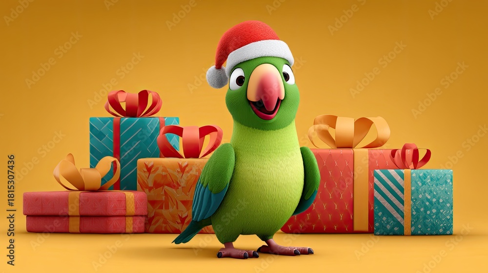 Fototapeta premium Cheerful Parrot Wearing Santa Hat with Colorful Gift Boxes Background
