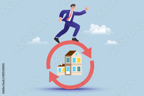 Manage your property assets with this real estate illustration. A man runs on a recycling arrow over a home, symbolizing mortgage refinancing, continuous renovation, and housing turnover.