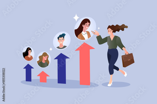 Businesswoman presenting human resources growth chart with candidate avatars. Career development concept with rising arrow graph showing employee promotion. Vector illustration of recruitment success 